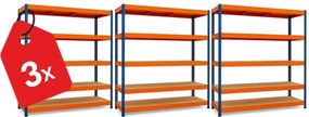 Akcia 3x Regál 216x140x50 cm profesionálny 5-policový, nosnosť 1500 kg - modro-oranžový