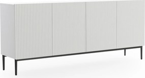 Biela komoda Nicole 200 cm so štyrmi dverami a ryhovaným čelom - biely mat / čierne nohy