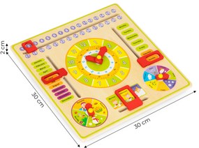 Drevená edukatívna manipulačná tabuľa, kalendár s hodinami, ECOTOYS