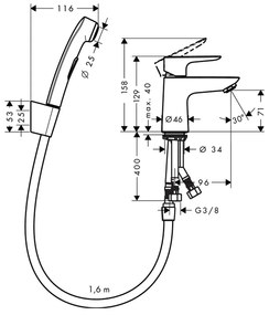 Hansgrohe Talis E, umývadlová batéria s ručnou sprchou Bidette a sprchovou hadicou 160 cm, chrómová, HAN-71729000