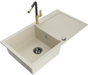 Mexen Leo, 1-komorový granitový drez 900x500x190 mm a drezová batéria Flora, béžová, 6501-69-670401-57-B