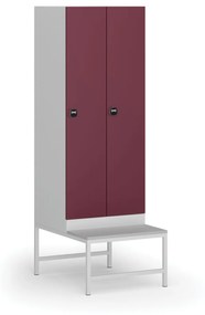 Šatníková skrinka s lavičkou, 2 oddiely, 1875 x 600 x 500/800 mm, zámok s čítačkou RFID kariet, červené dvere