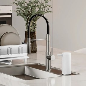 Biely bezdotykový kovový dávkovač mydla 266 ml – simplehuman