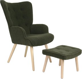 Relaxačné kreslo ušiak ROMEO II + taburet — masívne drevo, látka bouclé, prírodná / zelená