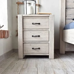 Vidiecky patinovaný drevený nočný stolík s 3 zásuvkami, 54x42x67 cm