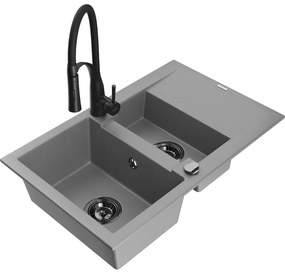 Mexen Gaspar, 1,5-komorový granitový drez 737x475x177 mm a drezová batéria Aster, šedá, 6507-71-73450-70-B