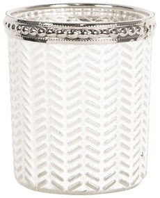 Biely sklenený svietnik na čajovú sviečku s kovovým zdobením - Ø 6*7 cm