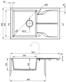 Deante Andante, 1-komorový granitový drez 780x490x194 mm +čierna batéria s elastickým ramenom, béžová, DEA-ZQNN5113