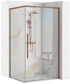 Rea Solar, sprchovací kút s posuvnými dverami 90(dvere) x 90(stena) x 195 cm, 6mm číre sklo, medený matný profil + čierna sprchová vanička Savoy, KPL-96015