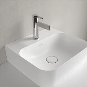 VILLEROY &amp; BOCH Finion závesné umývadielko s otvorom (spodná strana brúsená), so skrytým prepadom, 430 x 390 mm, Stone White, s povrchom CeramicPlus, 43644CRW