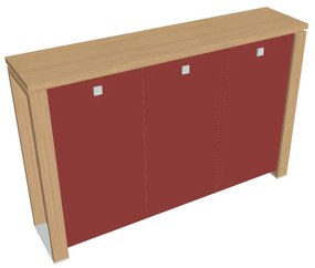 Stredná skriňa Verno+ 200 x 46 x 130 cm, sklenené dvere, dub svetlý / červená