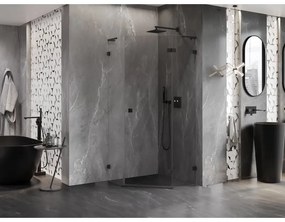 Mexen Lunar, L sklopný päťuholníkový sprchový kút pravý 90 x 90 cm, 8mm číre sklo, čierny profil, 831L-090P-090L-70-00-P