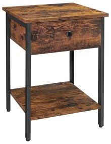 Nočný stolík, príručný stolík so zásuvkou a policou, rustikálny hnedý