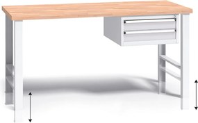 Výškovo nastaviteľný pracovný stôl do dielne G3 so závesným boxom na náradie, buková škárovka, 2 zásuvky, 1500 x 685 x 840 - 1050 mm, sivá