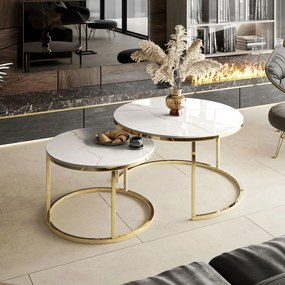 Luxusný konferenčný stolík PERU 2 v 1 Biely mramor + zlatý podstavec