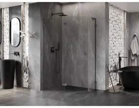 Mexen Lunar, L päťuholníkový sprchový kút naklápací doľava 90 x 80 cm, 8mm číre sklo, grafitový profil, 831L-090L-080P-95-00-L
