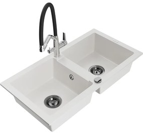Mexen Mario, granitový drez 820x436x161 mm, 2-komorový a drezová batéria Duo, biela, 6504-20-671701-07-B