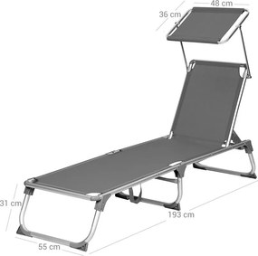 Záhradné lehátko MALIBU s nastaviteľnou clonou, 193x55x31cm, šedá SongmicsHome