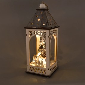 Drevený lampáš s vianočným motívom a LED osvetlením, 11 x 29 cm, teplá biela