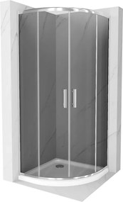 Mexen Rio, štvrťkruhový sprchovací kút s posuvnými dverami 90 x 90 cm, 6mm šedé sklo, chrómový profil + biela sprchová vanička, 863-090-090-01-40-4110