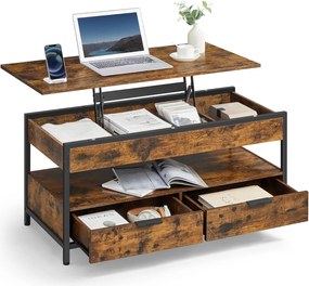 VASAGLE konferenčný stolík s otváracou doskou, v rustikálnej hnedej a atramentovo čiernej farbe