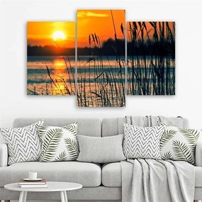 Obraz na plátně třídílný Západ slunce Jezero Tráva Příroda - 90x60 cm