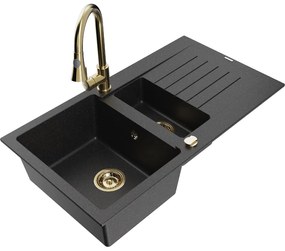 Mexen Matias, 1,5-komorový granitový drez 900x505x200 mm a drezová batéria Elia, čierna-strieborná metalíza, 6502-73-670101-50