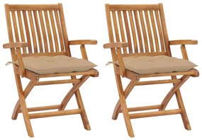 Záhradné stoličky 2 ks, béžové podložky, tíkový masív 3062424