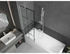 Mexen Next, vaňová zástena 1-krídlová 60 x 150 cm, fixné krídlo, 6 mm číre sklo s čiernym vzorom, biely profil, 895-060-000-00-77-20
