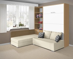Nabytekmorava Sklápacia posteľ s pohovkou VS 21075 - 200x180 cm farba pohovky: Krémová, Typ farebného prevedenia: Buk / dvere biele LESK