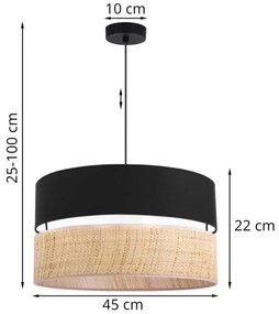 Závesné svietidlo Rattan, 1x ratanové/čierne textilné tienidlo, (fi 45cm)