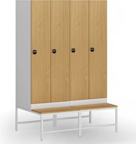 Šatníková skrinka S1 s lavičkou, 2 oddiely, 1875 x 600 x 500/800 mm, zámok s čítačkou RFID kariet, laminované dvere, breza