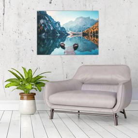 Sklenený obraz - Lode na jazere Braies (70x50 cm)