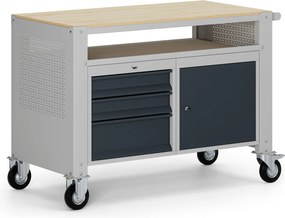 Pojazdný dielenský stôl G9, 1 polica, 1 skrinka, 3 zásuvky, 1180 x 595 x 865-1130 mm, sivá/grafit