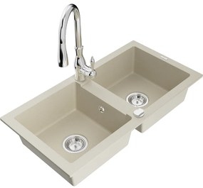 Mexen Mario, 2-komorový granitový drez 820x436x161 mm a drezová batéria Savita, béžová, 6504-69-672601-00