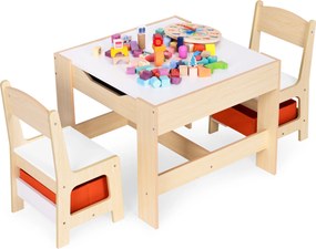 Detský set nábytku ECOTOYS – stôl s kriedovou tabuľou + 2 stoličky a úložný priestor