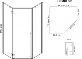 Päťuholníkový sprchovací kút REA DIAMOND 80x80 cm, čierny matný/transparent - bez vaničky