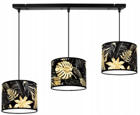 Závesné svietidlo Gold Flowers, 3x čierne textilné tienidlo s kvetinovým vzorom