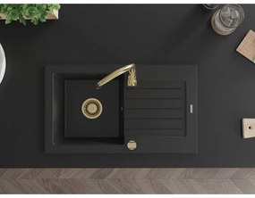 Mexen Pablo, 1-komorový granitový drez s odkvapkávačom 75x44 cm a kuchynskou batériou Telma, čierna, 6510-77-670200-50