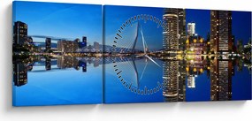 Obraz - nočný Rotterdam (s hodinami) (90x30 cm)