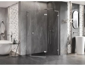 Mexen Lunar, L sklopný päťuholníkový sprchový kút pravý 90 x 80 cm, 8mm číre sklo, chrómový profil, 831L-090P-080L-01-00-P