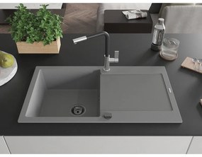 Mexen Leo, 1-komorový granitový drez 900x500x190 mm a drezová batéria Flora, šedá, 6501-71-670401-07-B