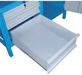 Dielenský pracovný stôl GD, 5 zásuviek, smrek + buková preglejka, 5 zásuviek, 1 skrinka, 1190 x 600 x 850 mm, modrá / sivá
