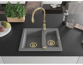Mexen Carlos, 1,5-komorový granitový drez 582x475x177 mm a drezová batéria Savita, šedá, 6518-71-672601-50