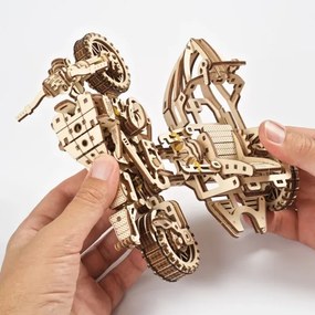 Ugears - 3D drevenené mechanické puzzle Motorka scrambler s vozíkom