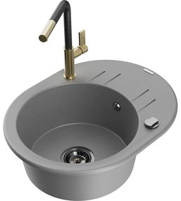 Mexen Kevin, 1-komorový granitový drez 586x458x190 mm a drezová batéria Flora, šedá, 6517-71-670401-57-B