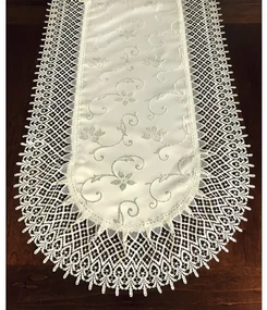 Luxusný béžový oválny obrus s jemnou vyšívkou a krajkou Šírka: 80 cm | Dĺžka: 140 cm