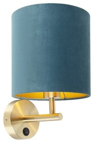 Elegantná nástenná lampa zlatá s modrým zamatovým tienidlom - Matt