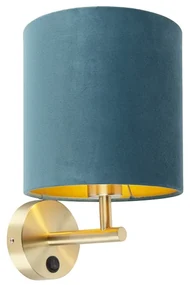 Elegantná nástenná lampa zlatá s modrým zamatovým tienidlom - Matt