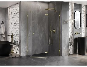 Mexen Lunar, výklopný päťuholníkový sprchový kút pravý 90 x 80 cm, 8mm číre sklo, zlatý profil, 831-090P-080L-50-00-P